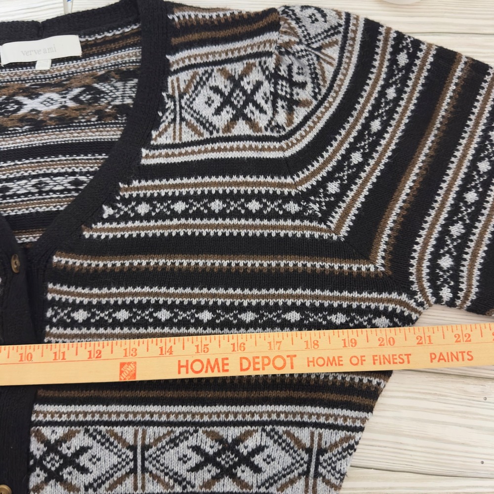Verve Ami Womens Fair Isle Peplum Cardigan Sweater Black Brown XL V-Neck Knit - Picture 4 of 9